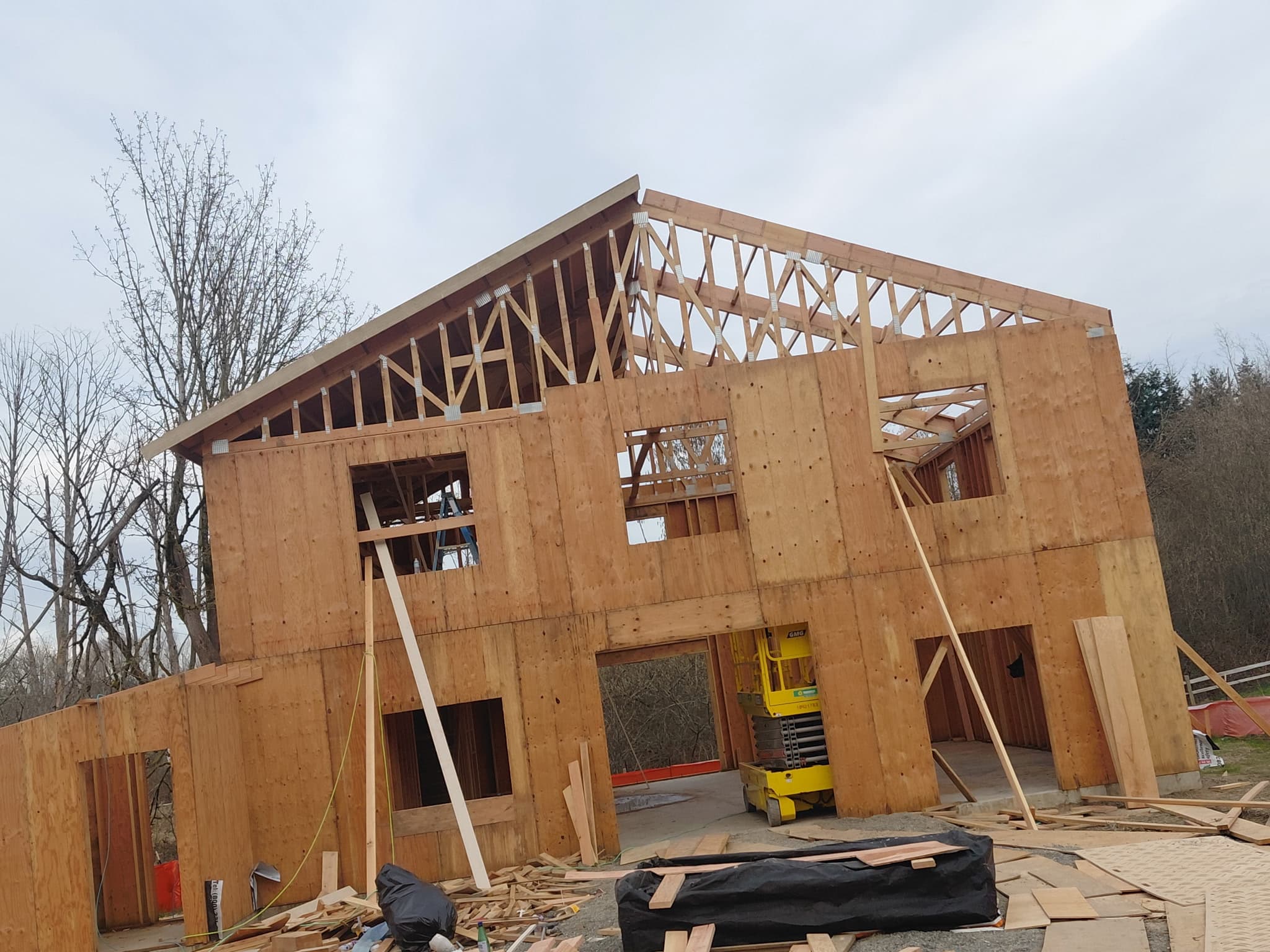 Wood-framed residential home structure under construction