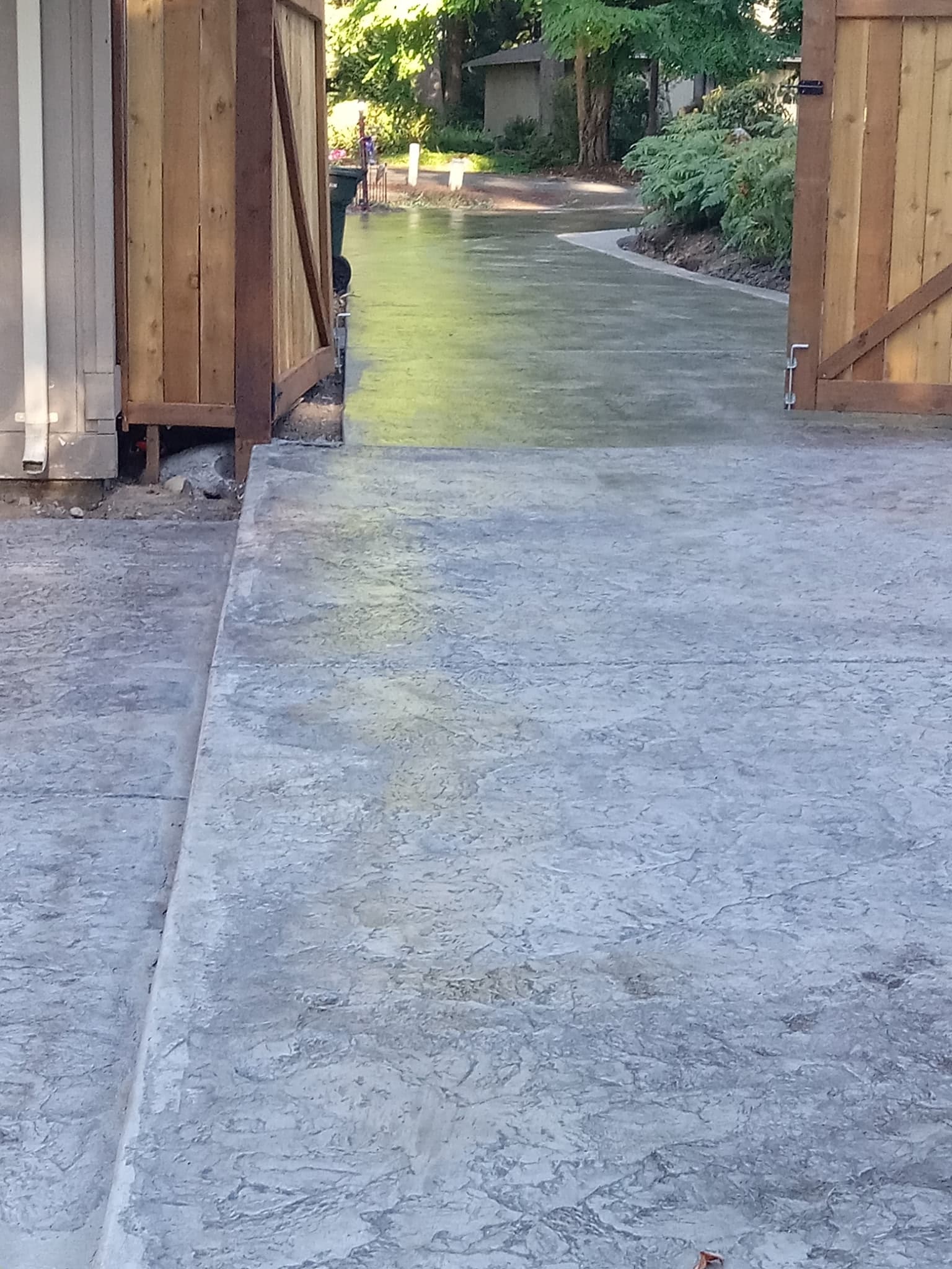 Stamped concrete driveway pathway viewed through open cedar gate